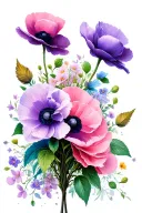 violet, Sakura and poppy bouquet tattoo design idea