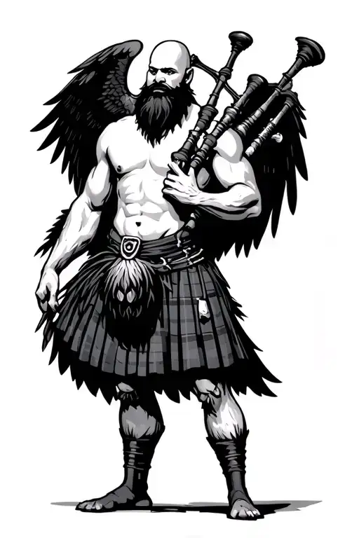  hairy shirtless bagpiper big black wings on bac muscular playing the bagpipes bald with  black beard k crow with claws  tattoo design idea
