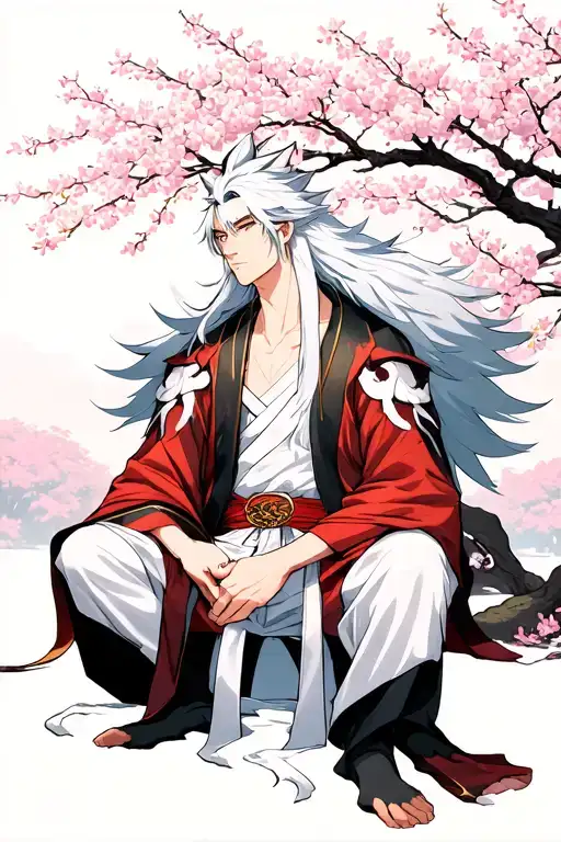 Male Sesshomaru sitting under a cherry blossom tree tattoo design idea
