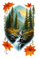 stream, forest, mountains tattoo design idea
