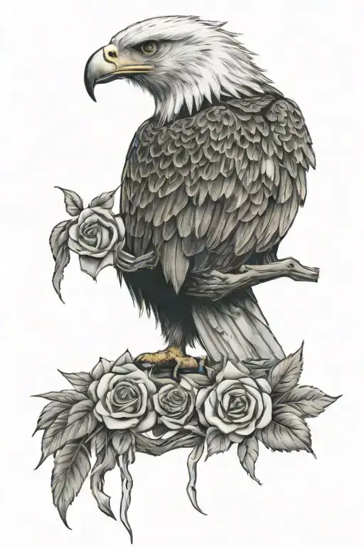 a eagle sitting on a rose branch with the air force symbol and veterans symbol tattoo design idea