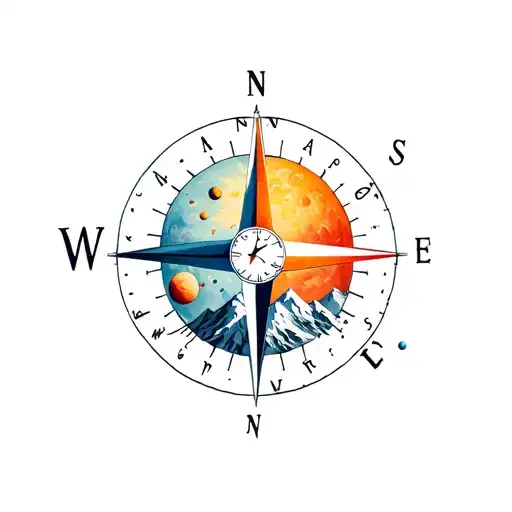 A compass with the sun at the center, planets orbiting around,and a mountain at the base, symbolizing direction,optimism tattoo design idea