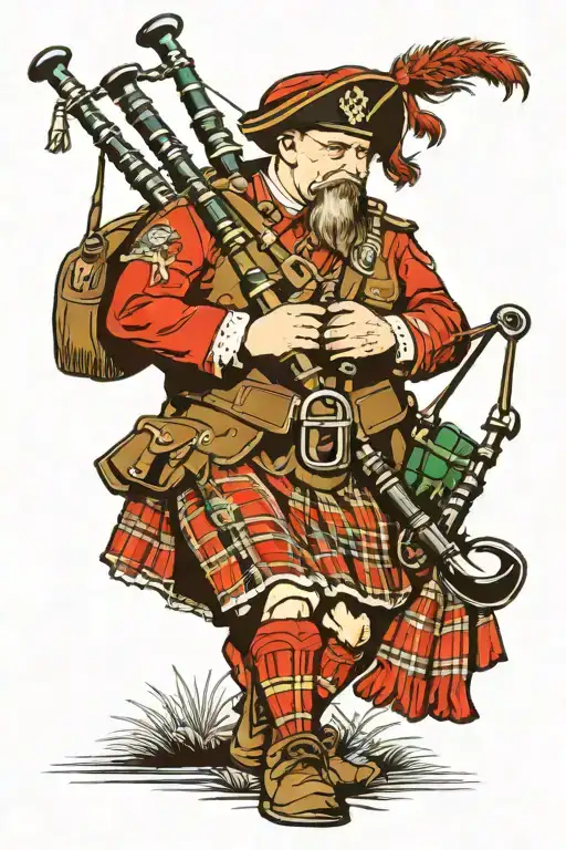Celtic wounded warrior playing the bag pipes wearing the Waugh tartan kilt tattoo design idea