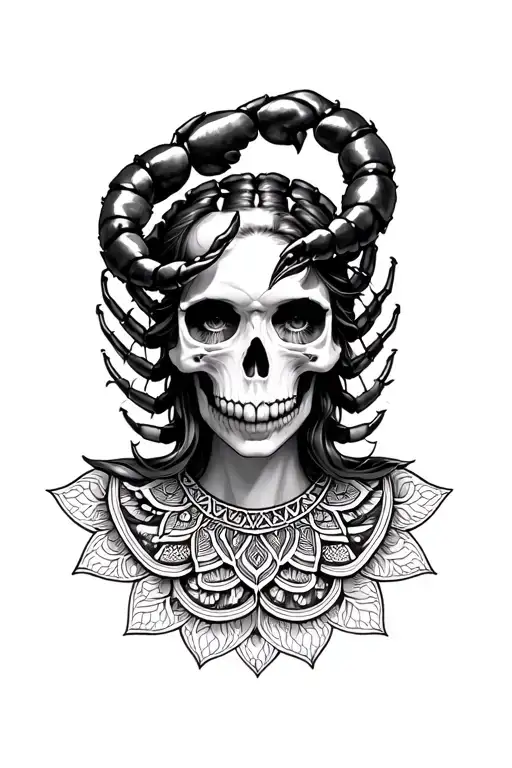 scorpion wrapped on top of female face morphed into a skull from the nose down with a mandala underneath tattoo design idea
