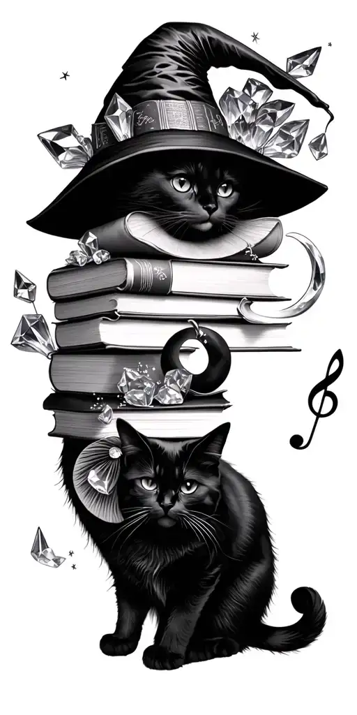 witchy tattoo design featuring books, crystals, treble clef, black cat, moon, crystals, mushrooms tattoo design idea
