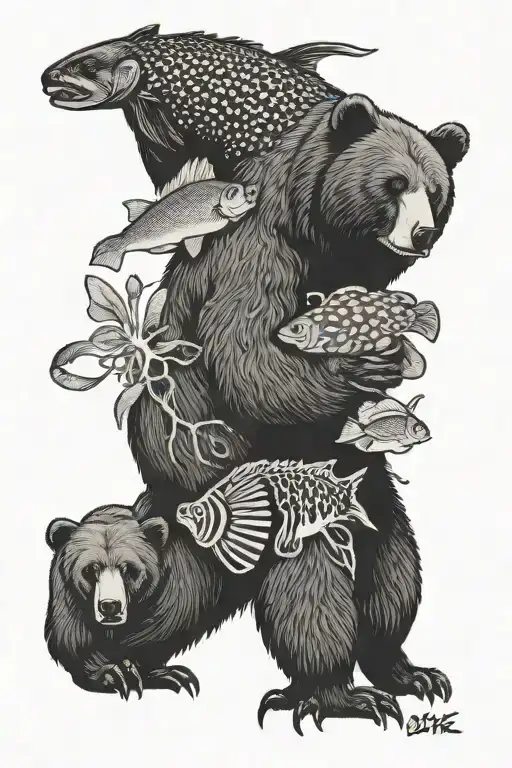 bear, fish, morel mushroom, scratch off logo to ket tattoo design idea