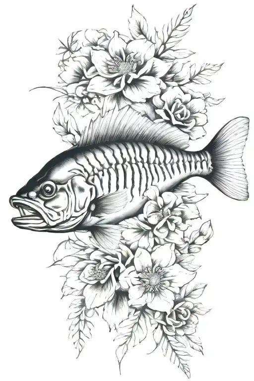 walleye bass skeleton and flowers tattoo design idea