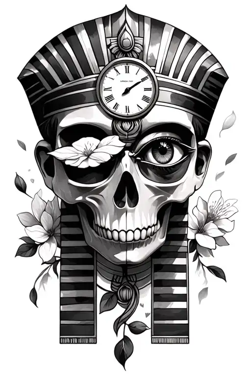 Skull of a Pharaoh without eyes,  with a clock in his eye and cherry blossom petals, and horus eye  tattoo design idea