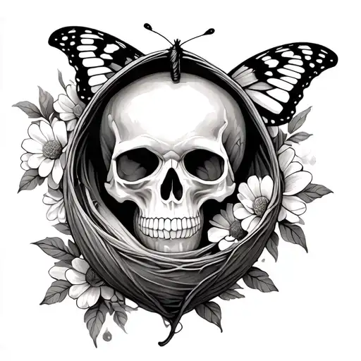 a butterfly emerging from a cocoon with a skull print surrounded by flowers  tattoo design idea