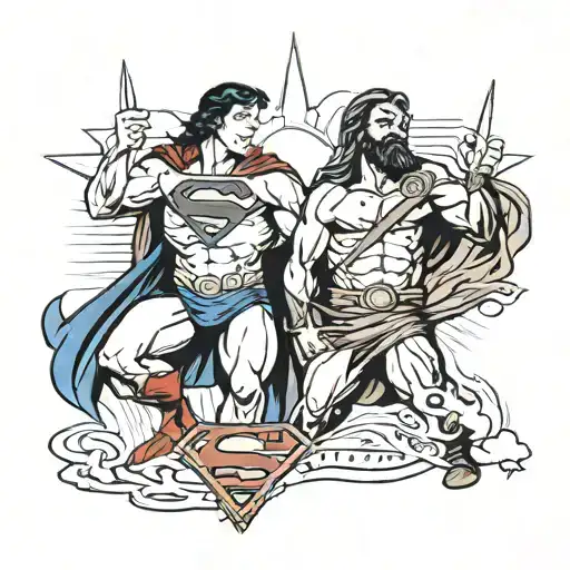 A traditional tattoo of Superman and Jesus engaged in a friendly competition or challenge, with symbols representing their respective identities tattoo design idea