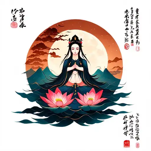 moon lotus mountains goddess like structure and caligraphy tattoo design idea