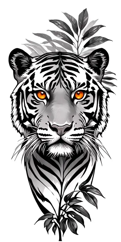 Bengal tiger head with orange eyes, no body with the eyes being visable through jungle like plants tattoo design idea