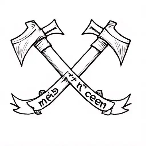 Two crossed axes with a ribbon beneath them, on which the inscription "Мы не сеем" is written. tattoo design idea
