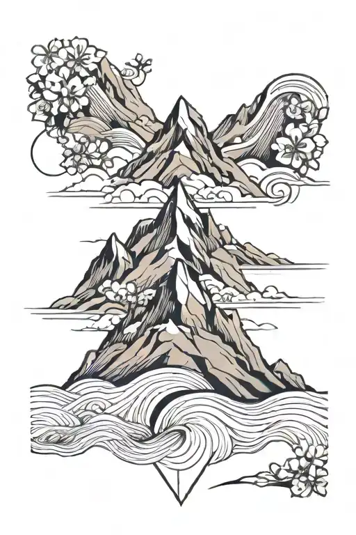 swiss mountians, japanese sakura, brazilian beavc/waves, blcak and white tattoo design idea