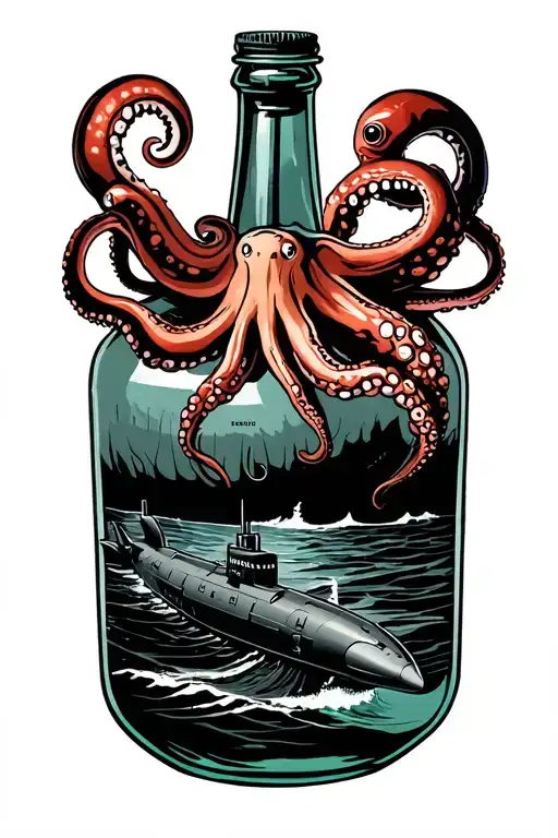ssn-763 submarine in a corked bottle with a octopus holding the bottle tattoo design idea