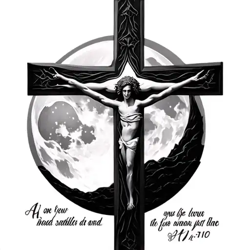 3D cross tattoo with full moon and background and bible verse 41:10 written underneath cross tattoo design idea