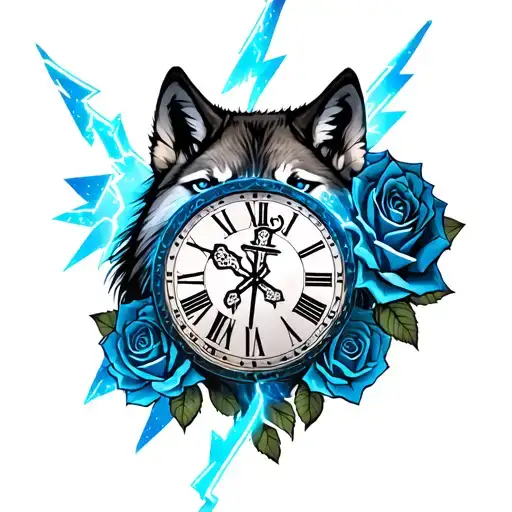 wolves, blue lightning bolt, clocks with roman numerals, roses, crosses tattoo design idea