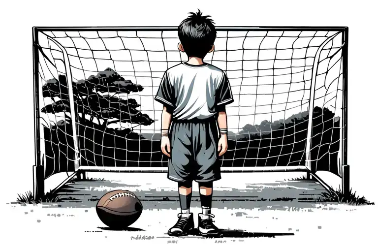 kid standing in front of goalpost with a football tattoo design idea