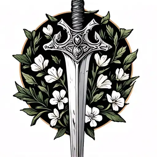 king Arthur's sword with primrose flowers at the bottom tattoo design idea