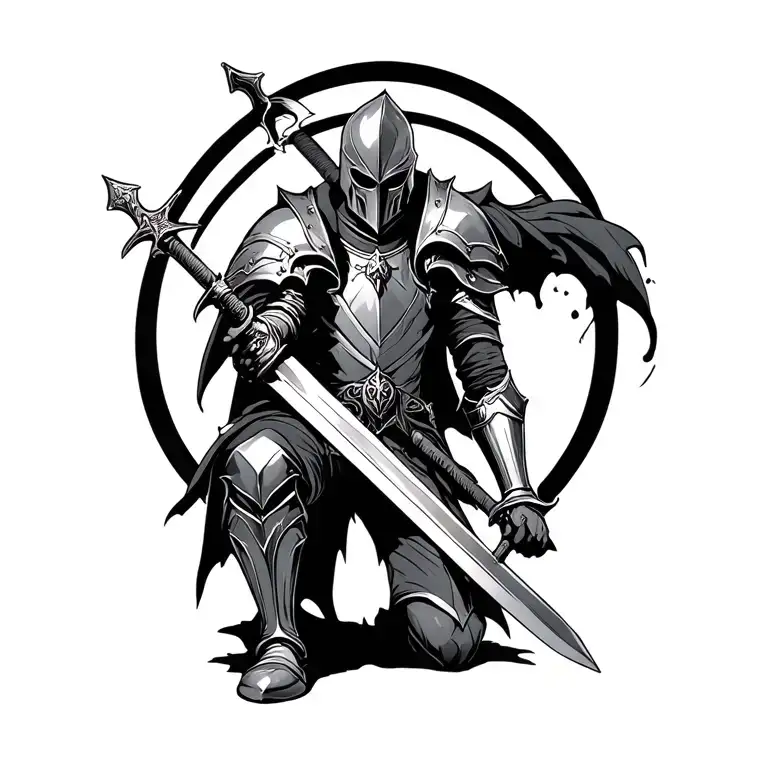 gothic knight kneeling holding sword tattoo design idea