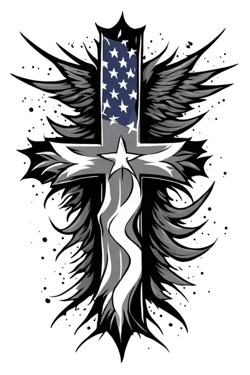 cross with tribal and American flag tattoo design idea