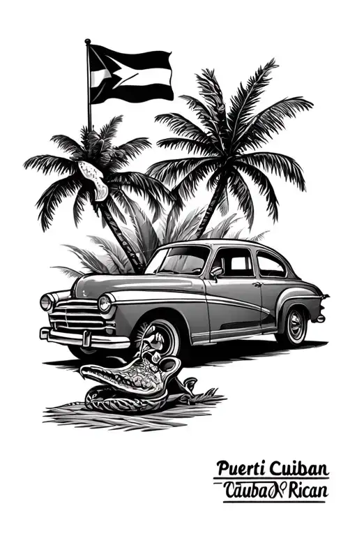 puerto rican and cuban culture that includes the flags and music instruments, a coqui taino, and cuban cars tattoo design idea
