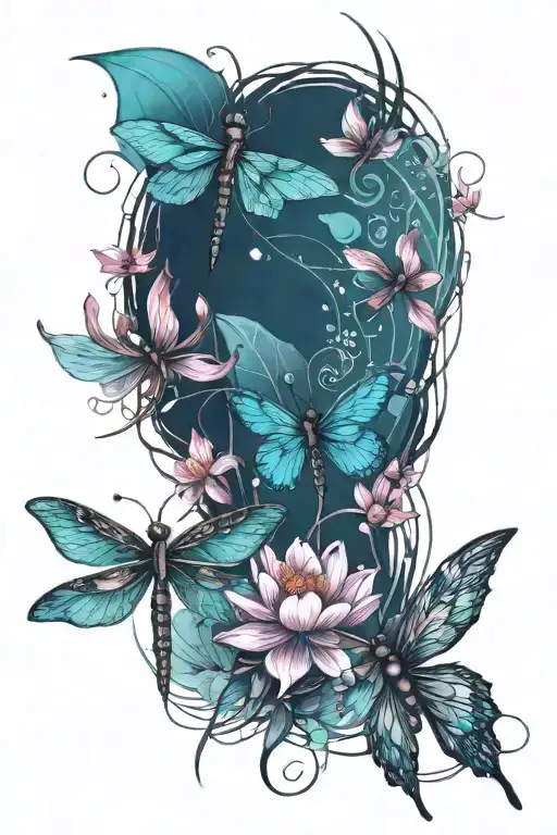 lotus flower, dragonfly, cherry blossom   tattoo design idea