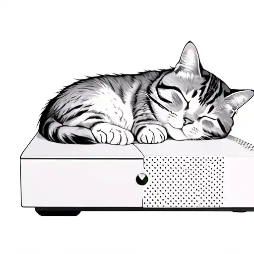 grey tabby cat sleeping on an Xbox series s tattoo design idea