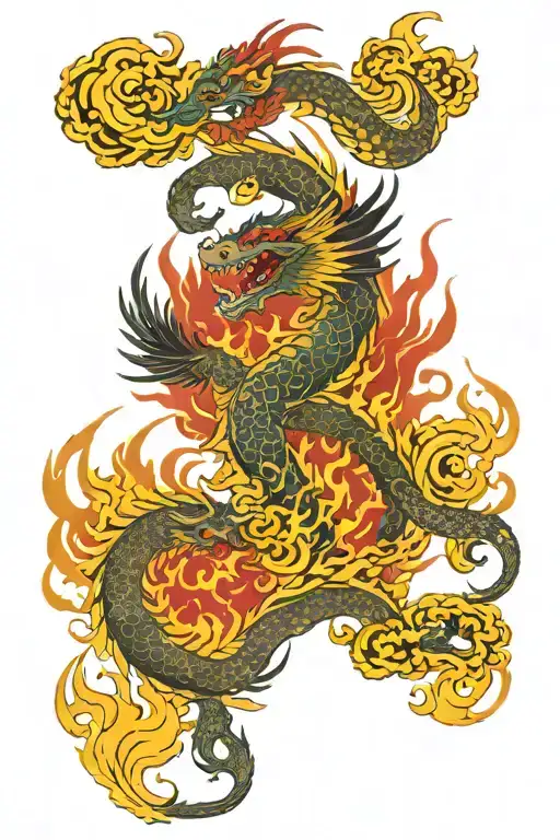 dragon and Phoenix rising from flames tattoo design idea
