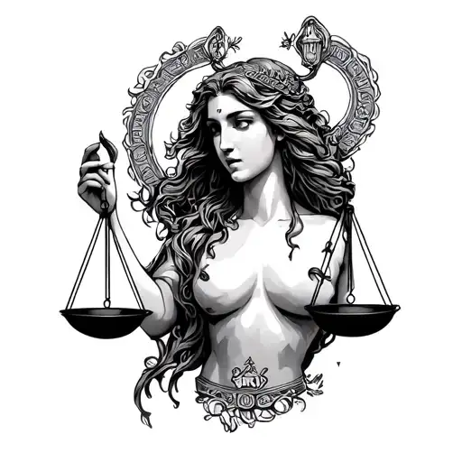 Aquarius goddess holding a libra scale tattoo design idea