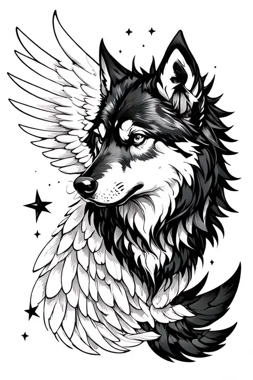 anime and western inspired design about a fantasy wolf with wings and stars tattoo design idea