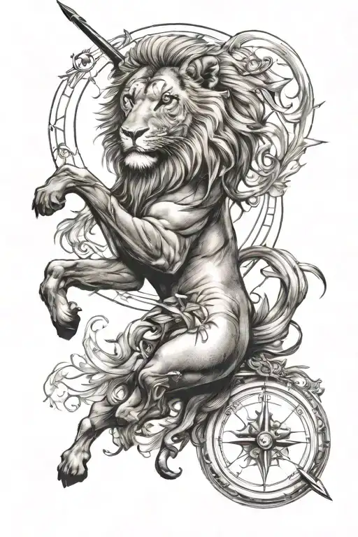 Create a realistic tattoo including Leo and Sagittarius  tattoo design idea