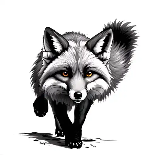 Realistic black and grey tattoo of a full-body grey fox walking with one front paw raised. The fox has detailed fur with tattoo design idea