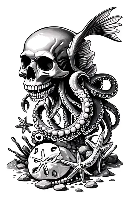 angler fishlion fishoctopus anchor sand dollar starfish rocks , pearls, jewels, necklaces skulls, bonessharp tee tattoo design idea