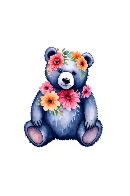 A Bear sitting/standing slightly sideways with (semi)realistic features, decorated with flowers. The flowers can seem to tattoo design idea