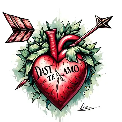 A heart and arrow. Inside the heart reads: DAST TE AMO tattoo design idea