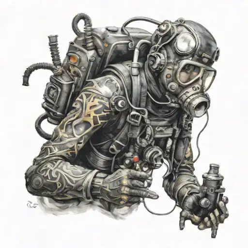 a scuba diver welding, with a decor piece featuring a haunted tattoo design idea
