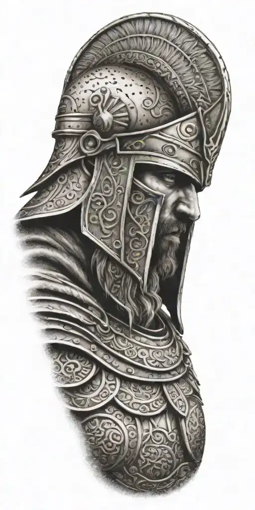 A Greek warrior with a Viking twist, perhaps wearing a helmet with both Greek and Viking elements tattoo design idea