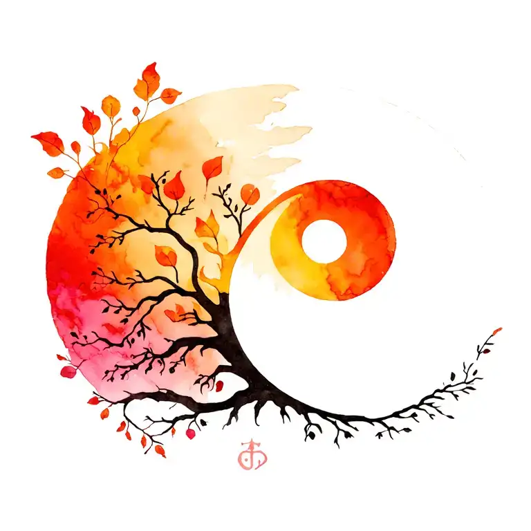 create a combination of the tree of life, a yin and yang symbol, the chinese zodiac sign fire horse and a sunrise. tattoo design idea