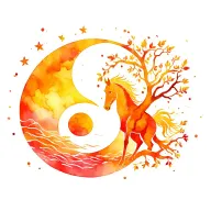 create a combination of the tree of life, a yin and yang symbol, the chinese zodiac sign fire horse and a sunrise. tattoo design idea