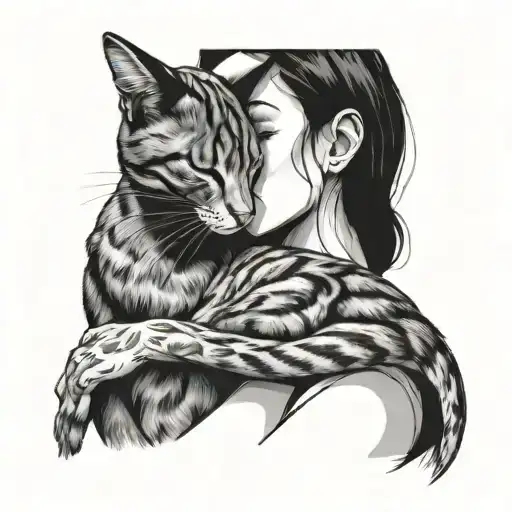side view of woman and cat face snuggling face to face Outline  tattoo design idea