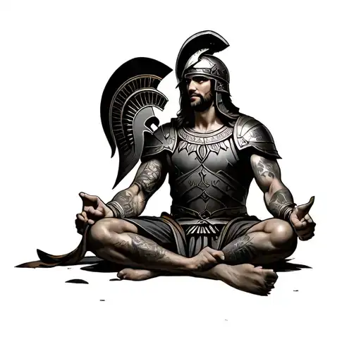 Roman warrior with his Spartan helmet, in uniform, sitting in the lotus position, with tattoos tattoo design idea