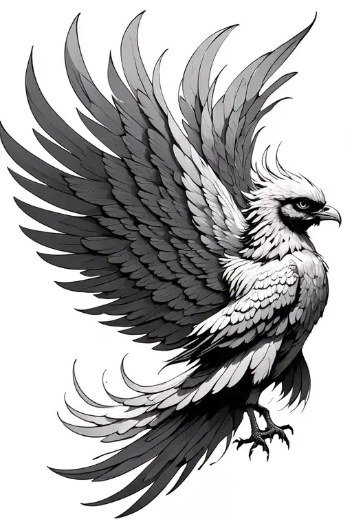 Feminine looking Rising phoenix detailed and has thick outlines. The wings of the phoenix are positioned as if it is fly tattoo design idea