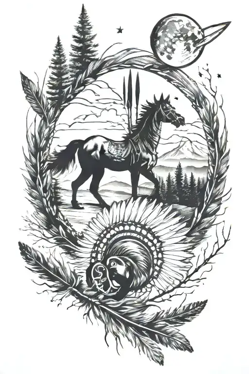 turkey feather, native american arrows, horse shoe, hilly forest, night time moon tattoo design idea