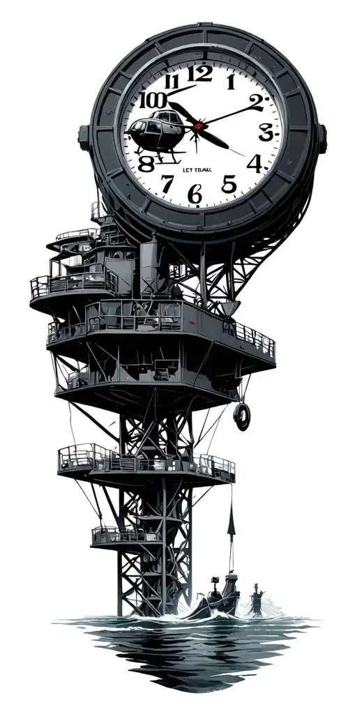 Water, Helicopter, clock at 5:00, DD, oil platform, Let Them Talk tattoo design idea