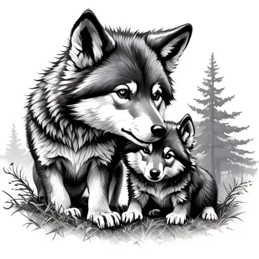 two wolf cubs playing in a forrest  tattoo design idea
