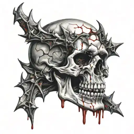 Broken Skull no jaw covered in blood with a diadem of thorns, missing teeth and broken teeth leaking blood. Satanism  tattoo design idea