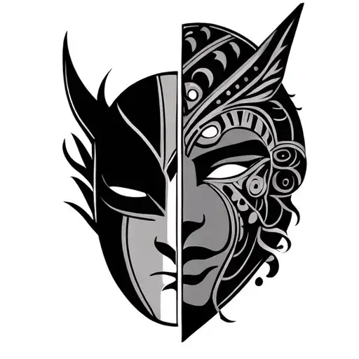 Gemini mask split in half, strength. Africa tattoo design idea