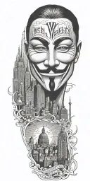 v for vendetta with city skyline in the background tattoo design idea