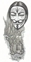 v for vendetta with city skyline in the background tattoo design idea